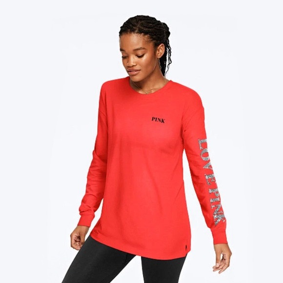 PINK Victoria's Secret Tops - PINK Victoria's Secret Long Sleeve T-Shirt Love Sequin Red Women's Top‎ Medium